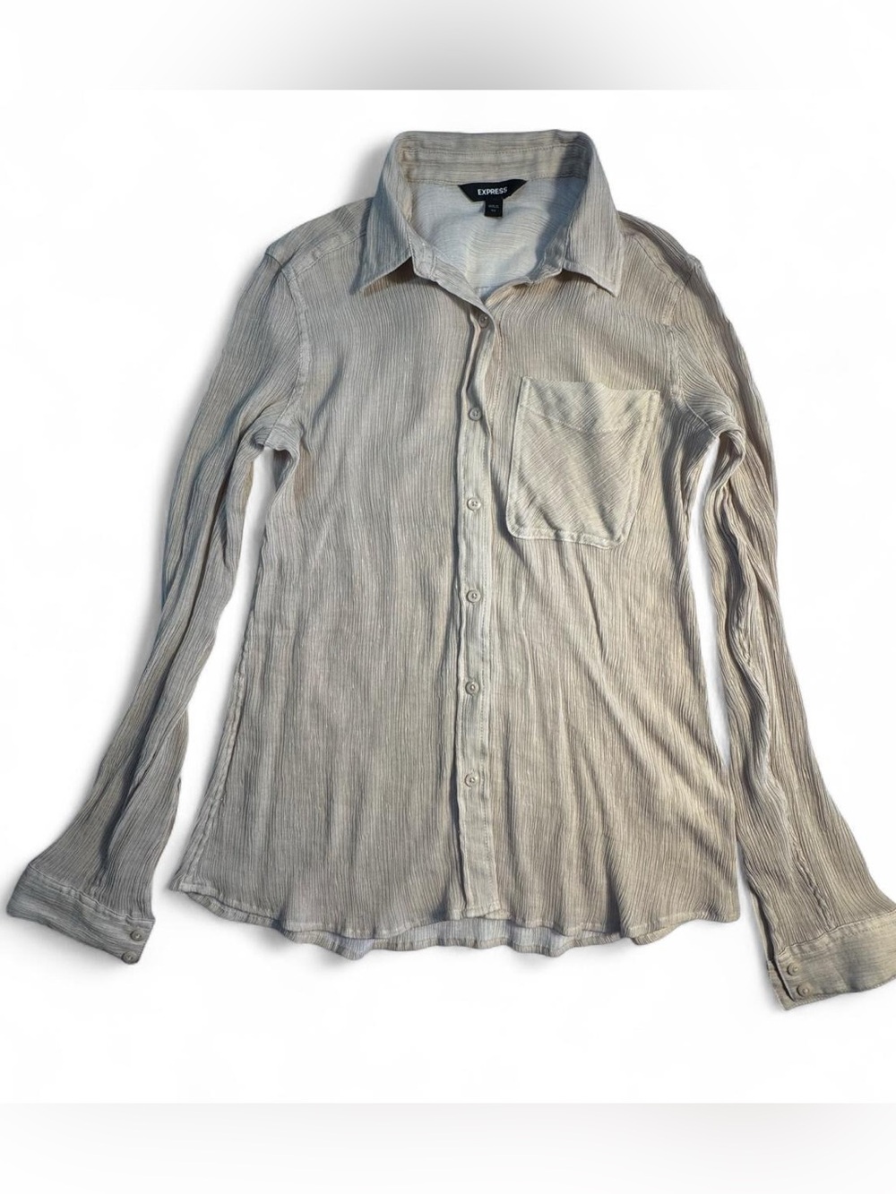 Express Tan Textured Pleated Button Down Shirt Women's XS Long Sleeve Blouse